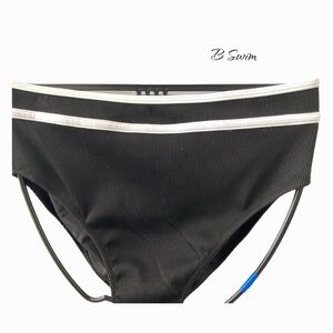 B SWIM Black White Stripe High Cut Leg Bikini‎ Bottoms Swimwear SZ Large ( NWOT)